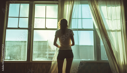 Position people in front of large, open windows with curtains blowing in the breeze, focusing on the interaction between the model and the natural light filtering in