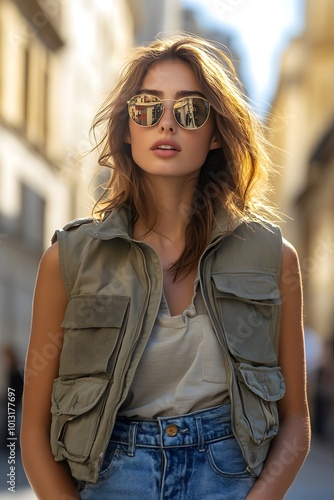 Woman wearing utility vest and jeans