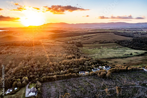 Aerial view of beautiful sunset above Tonregee between Dunkineely and Inver in County Donegal, Republic of Ireland. photo