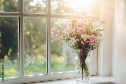 Fresh flowers in a vase bask in the sunlight on a windowsill, enhancing the cheerful atmosphere in the room and overlooking a beautiful garden. Generative AI