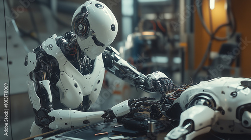 Futuristic Humanoid Robot Repair The Other in High-Tech Workshop 
