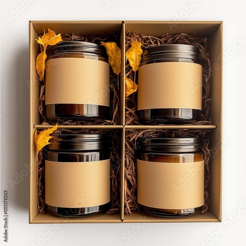 Candles set mockup. Four homemade candles lying in gift box. Candle jur with blank label mockup to add text, design. Autumn, Halloween, Thanksgiving present candle collection, fall holidays background photo