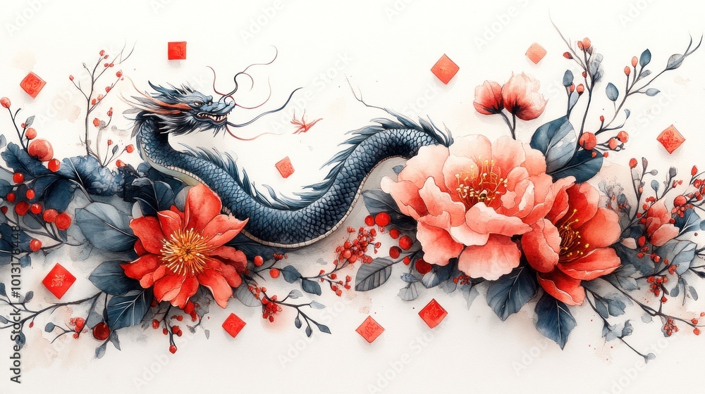 A vibrant dragon intertwined with blooming flowers and decorative elements. A vibrant dragon intertwined with blooming flowers and decorative elements.