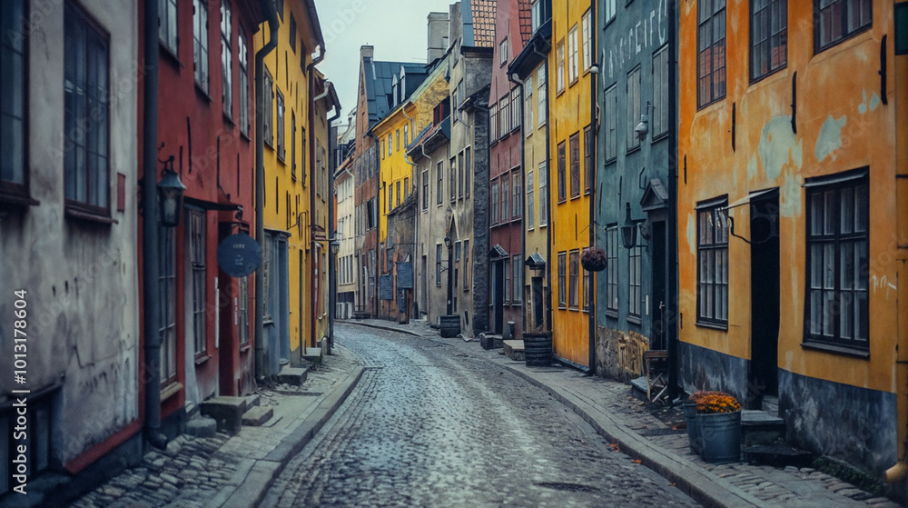 Fototapeta premium A narrow street in an old Scandinavian town with colorful buildings and a clear blue sky.