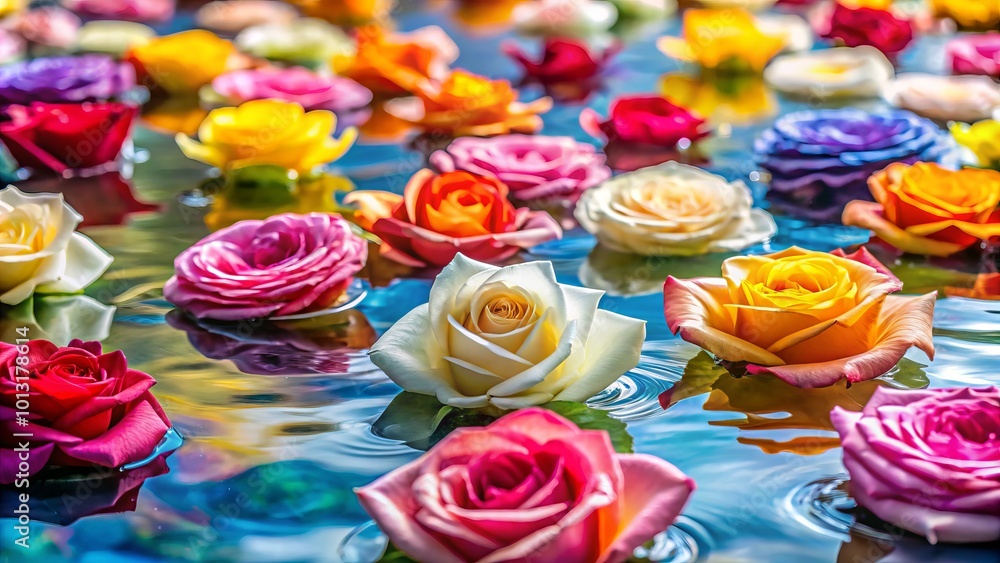 Experience tranquility with a beautiful array of colorful roses gracefully floating in water, enhancing relaxation and Experience tranquility with a beautiful array of colorful roses gracefully floating in water, enhancing relaxation and