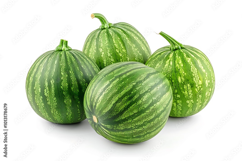 Ripe green melons with leaves isolated on a white background. Ripe green melons with leaves isolated on a white background.