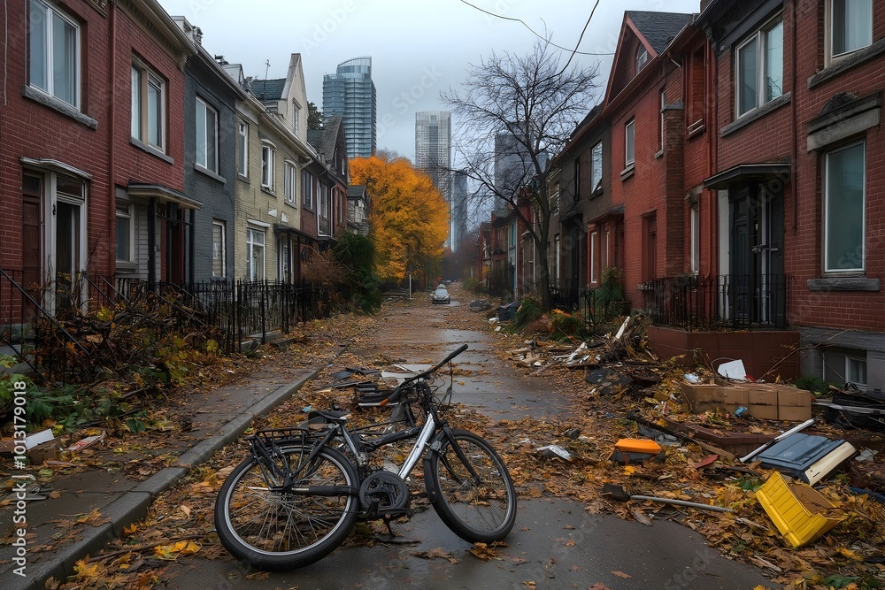 Residential area reflects the aftermath of a severe storm, with a street cluttered with fallen branches and debris. Residential area reflects the aftermath of a severe storm, with a street cluttered with fallen branches and debris.