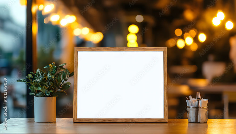 Blank Wooden Frame Mockup design on Wooden Table in a Restaurant Setting with Warm Bokeh Lights design Blank Wooden Frame Mockup design on Wooden Table in a Restaurant Setting with Warm Bokeh Lights design