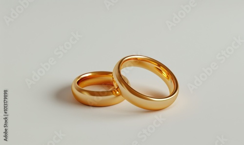 Pair of gold wedding rings, white background, 4K hyperrealistic photo