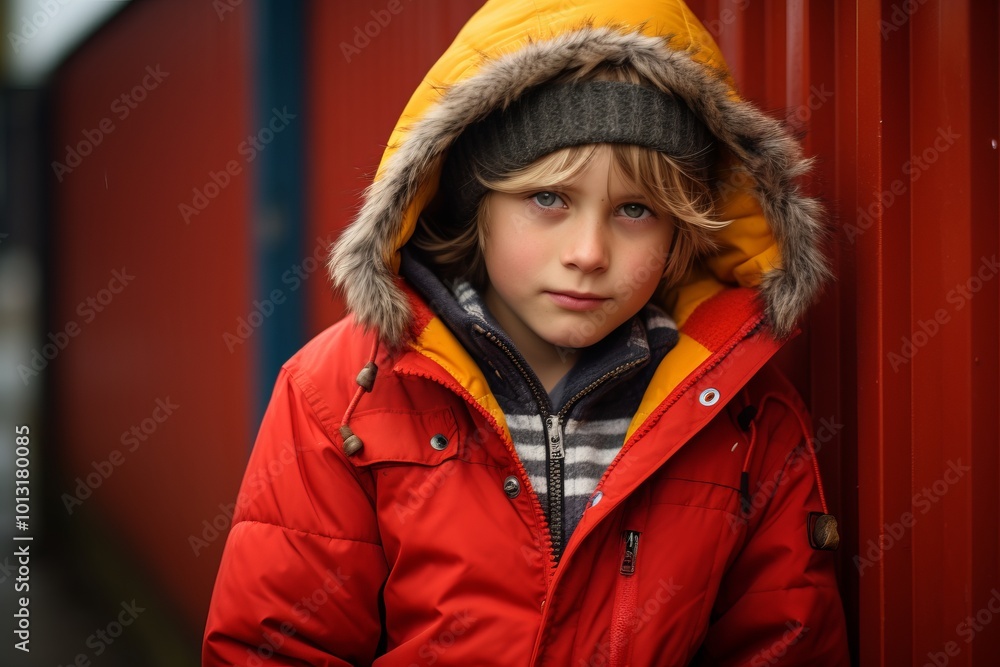 Portrait of a cute little boy in a red jacket and hat on the street. Portrait of a cute little boy in a red jacket and hat on the street.
