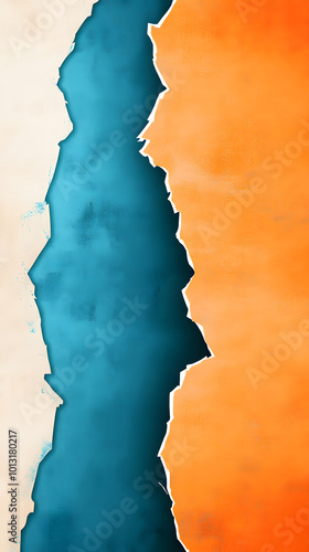 Blue and orange background with a torn paper effect on the right side, vector illustration design, simple design, flat colors, vector art style design, simple details design,