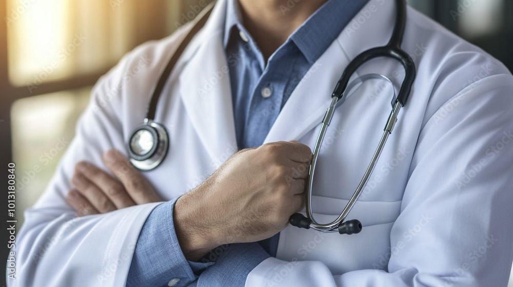 Close-Up of a Doctor Holding a Stethoscope in a Medical Setting Close-Up of a Doctor Holding a Stethoscope in a Medical Setting