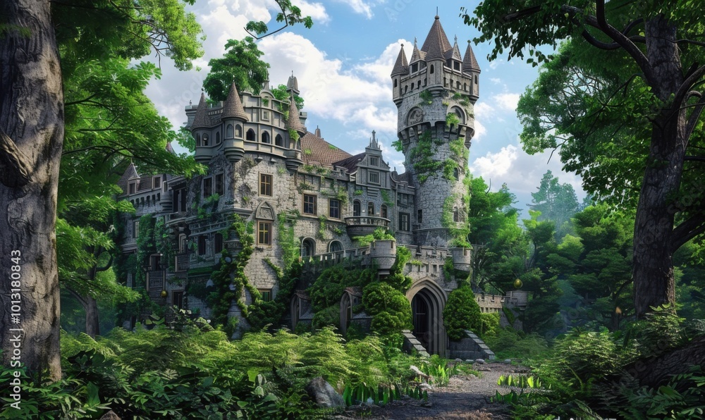 Obraz premium Majestic castle surrounded by lush greenery, 4K hyperrealistic photo.
