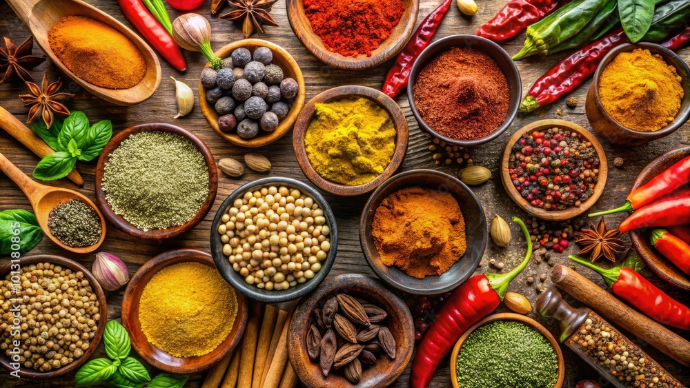 Colorful collection of Indian herbs and spices viewed from above, highlighting their unique shapes and aromas, ready to inspire culinary creations and flavorful dishes. Colorful collection of Indian herbs and spices viewed from above, highlighting their unique shapes and aromas, ready to inspire culinary creations and flavorful dishes.