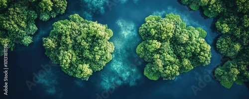 Dramatic aerial view of floating islands and lush greenery, harmonizing fantasy and environmental conservation through drone photography photo