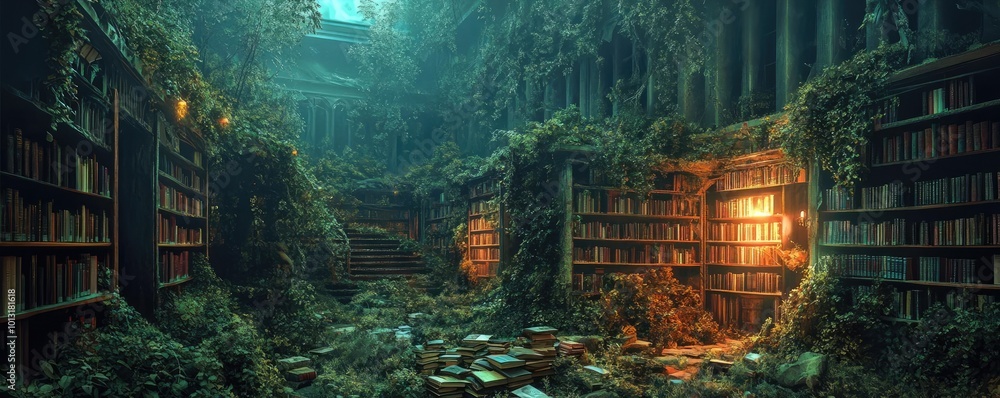 Frontal perspective of a dystopian library, books scattered among overgrown vines, neon lights flicker in darkness Frontal perspective of a dystopian library, books scattered among overgrown vines, neon lights flicker in darkness