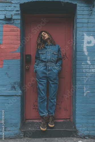 Young adult wearing denim jumpsuits trend