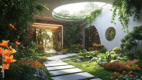 Futuristic urban garden, high-tech features harmonizing with tranquil simplicity, lush greenery enveloping modern structures, colorful flowers flourishing photo