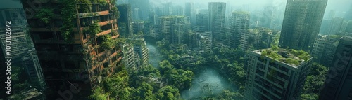 High-angle view of a futuristic city, nature reclaiming abandoned buildings, vibrant greenery amidst dystopia photo