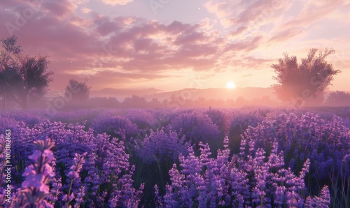 Lavender Field at Dawn, 4K hyperrealistic photo