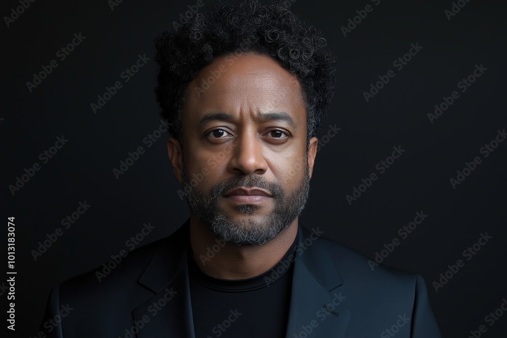 Man with a beard and mustache is wearing a black suit. He is standing in front of a black background. portrait of a black male in his 40s facing forward, head only, Man with a beard and mustache is wearing a black suit. He is standing in front of a black background. portrait of a black male in his 40s facing forward, head only,