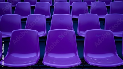 Row of purple chairs are empty. There are no people in the chairs. purple plastic chairs in the stands of an outdoor stadium, empty, front view