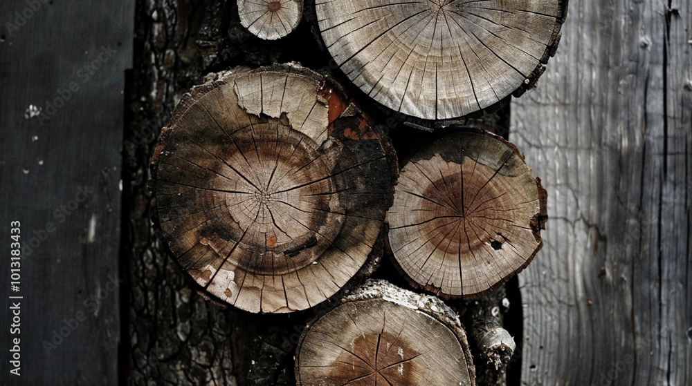 Naklejka premium A close-up of a stack of wooden tree trunks. The trunks have a weathered appearance, suggesting they have been exposed to the elements for an extended period.