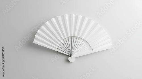 Mockup of a white folding hand fan set apart against a white background 