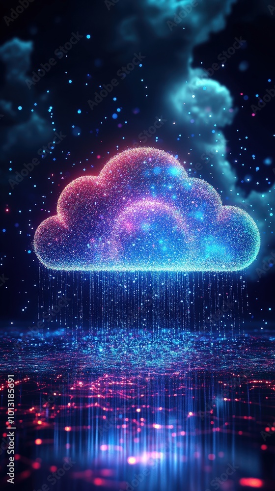 A vibrant, glowing cloud with shimmering rain, set against a cosmic backdrop. Perfect for illustrating weather or technology themes. A vibrant, glowing cloud with shimmering rain, set against a cosmic backdrop. Perfect for illustrating weather or technology themes.