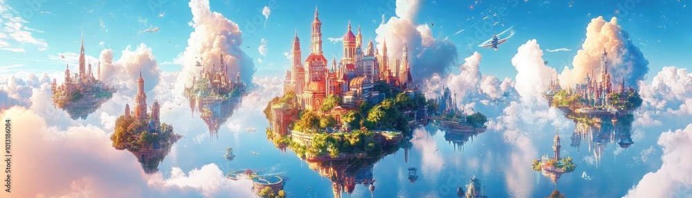 Naklejka premium Tilted angle view of a surreal cityscape, vibrant colors blending fantasy and reality, whimsical architecture and floating islands