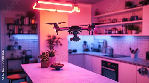 Tilted angle view of a sleek drone capturing a futuristic kitchen with advanced culinary gadgets, vibrant colors