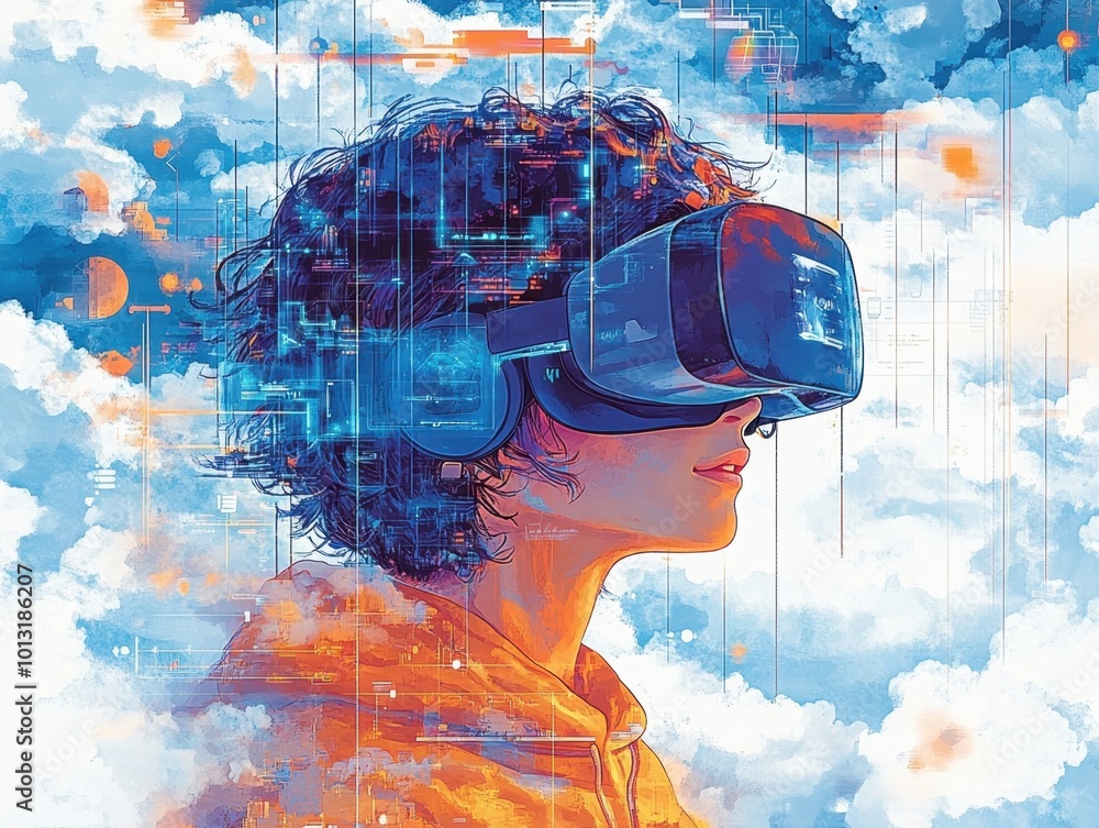 A person wearing a VR headset, immersed in a colorful digital landscape. A person wearing a VR headset, immersed in a colorful digital landscape.