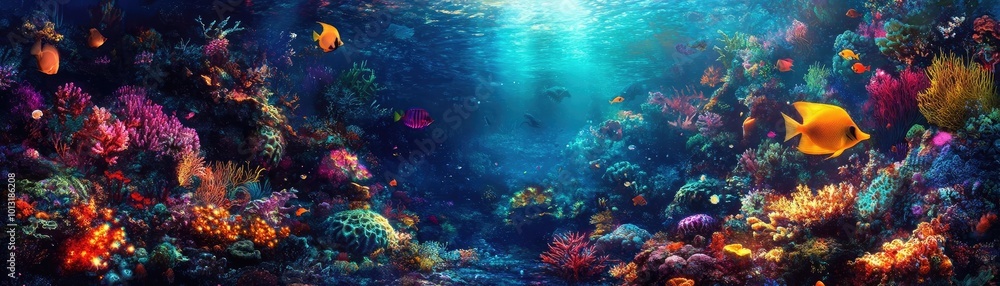 Tilted angle view of a vibrant underwater fantasy world, illuminated by glowing bioluminescent creatures, surreal landscapes Tilted angle view of a vibrant underwater fantasy world, illuminated by glowing bioluminescent creatures, surreal landscapes