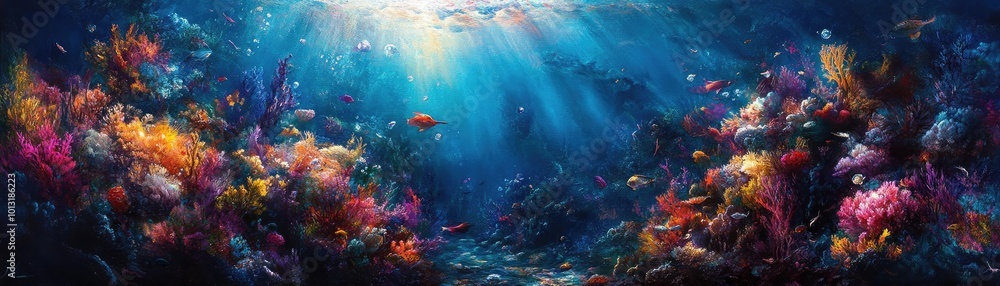 Tilted angle view of an underwater world, blending Impressionism with surreal lighting effects, vibrant colors dance across the scene Tilted angle view of an underwater world, blending Impressionism with surreal lighting effects, vibrant colors dance across the scene