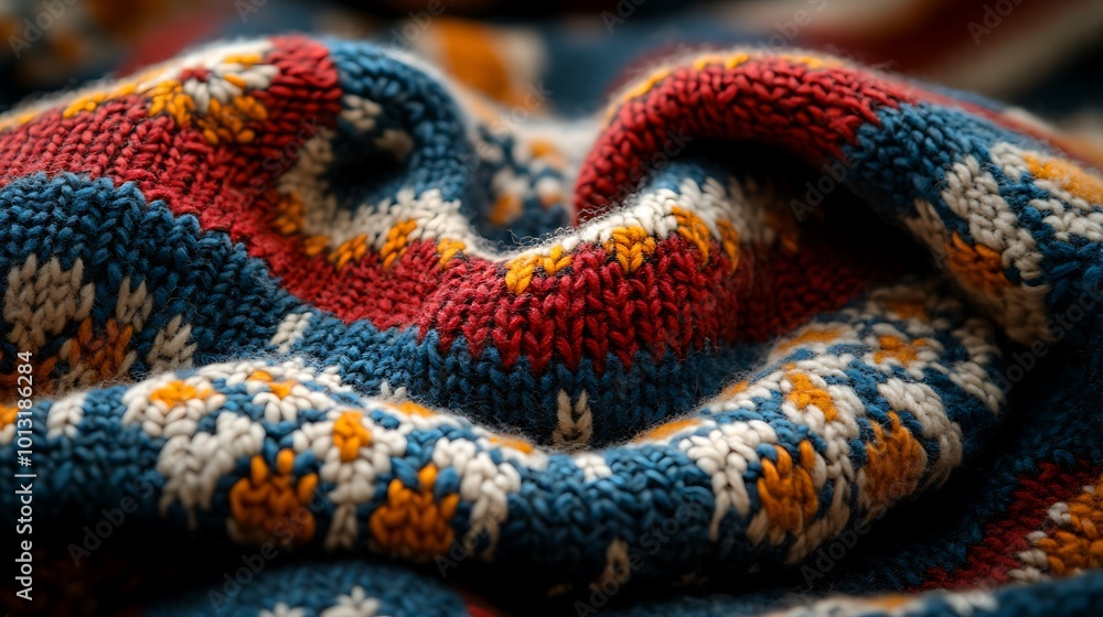 Fototapeta premium Close up of a soft, colorful knitted fabric with a textured pattern.