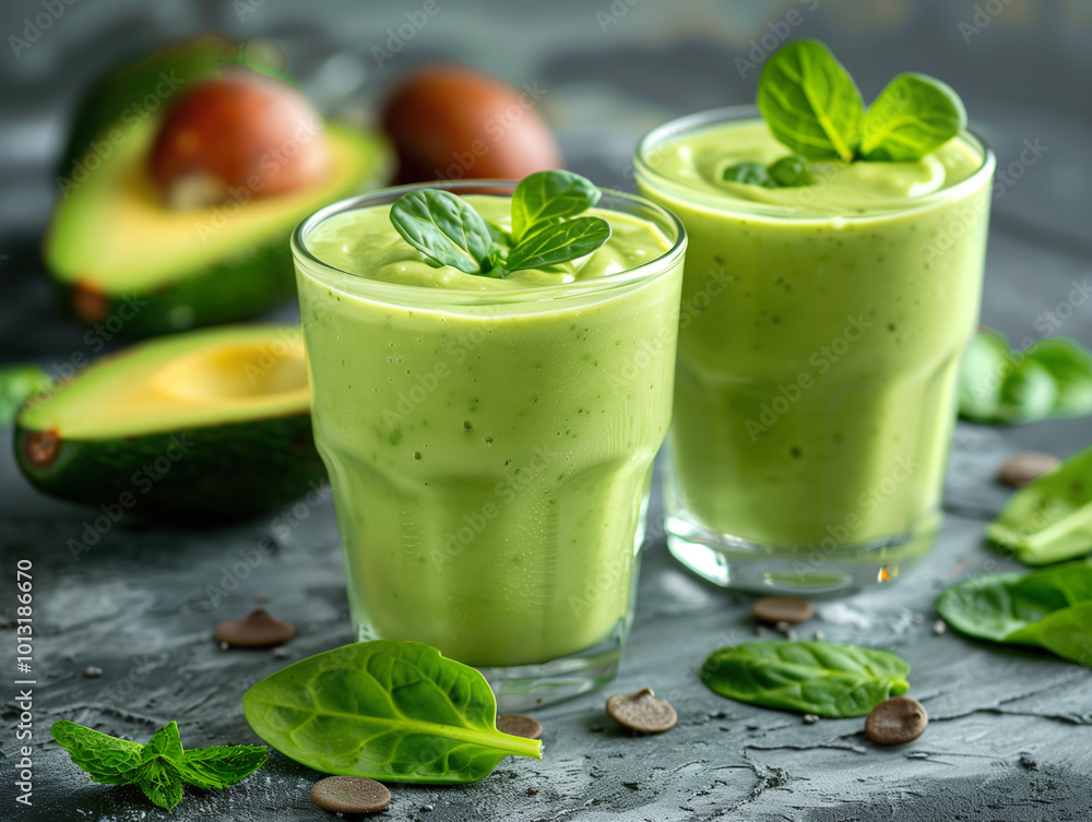 Glasses with healthy green smoothie made from avocado and other vegetables. Glasses with healthy green smoothie made from avocado and other vegetables.