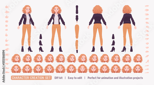 Pretty curly young trendy woman in urban autumn jacket, attractive girl DIY character creation set. Female body figure parts. Head, leg, hand gestures, emotions, construction kit. Vector illustration
