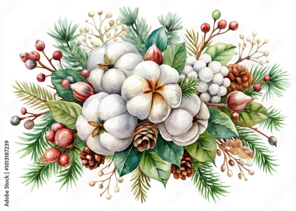 Fototapeta premium Elegant vector watercolor Christmas arrangement with cotton flowers on a white background, ideal for holiday decor and design projects, adding a touch of festive beauty.