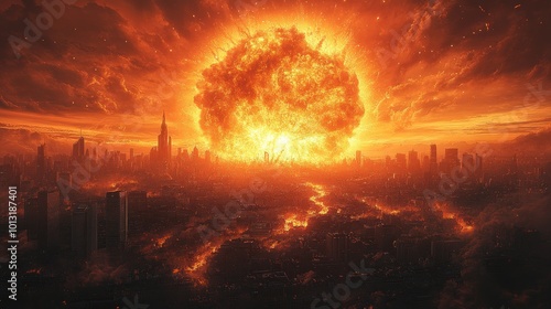 Catastrophic explosion over a cityscape at sunset.