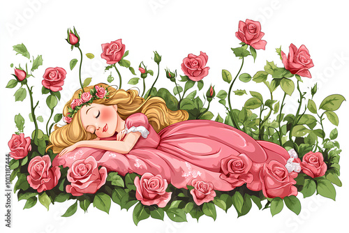 Cartoon scene of rose garden with sleeping princess with white background illustration