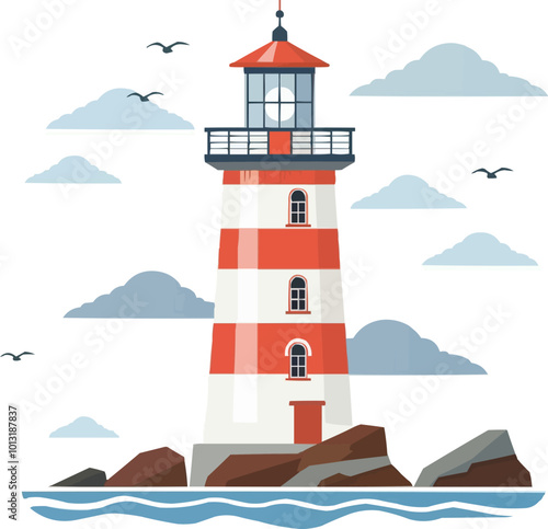 Nautical lighthouse icon flat on white isolated background, vector design.