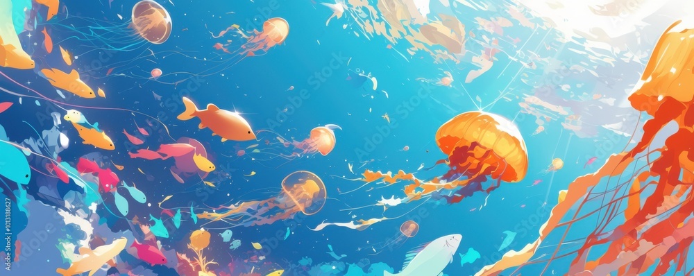 Cartoonish jellyfish and fish swimming happily, thick lines, simple design, no shading, 4K hyperrealistic photo Cartoonish jellyfish and fish swimming happily, thick lines, simple design, no shading, 4K hyperrealistic photo