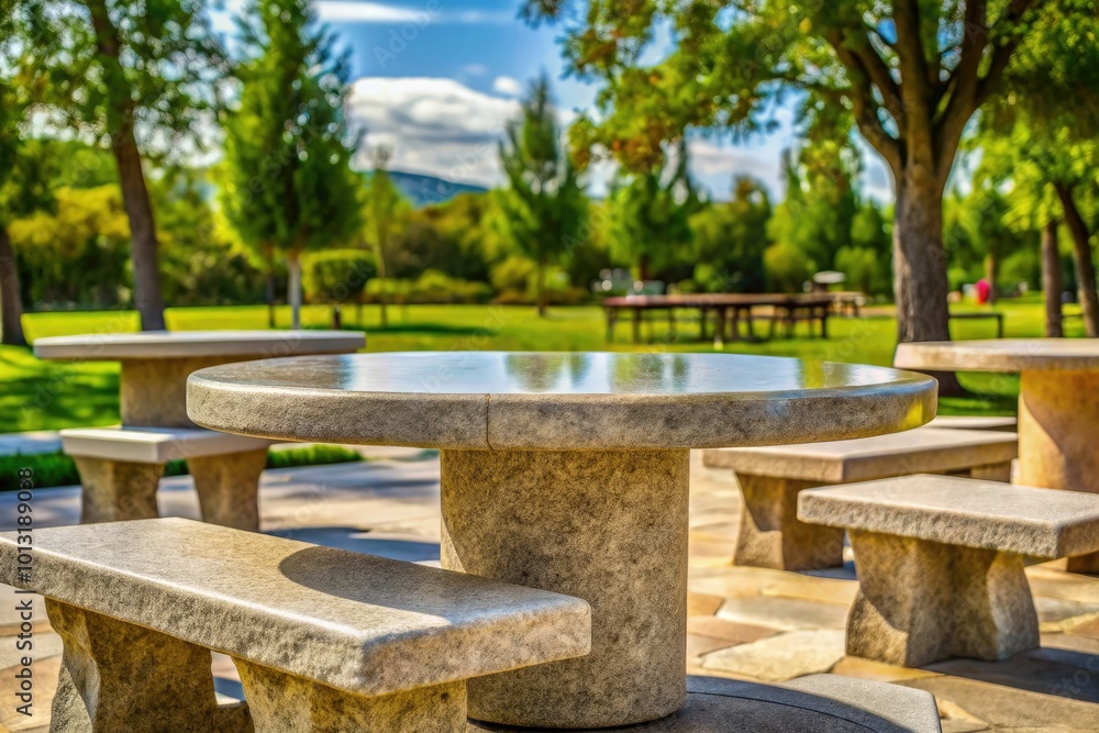 Enjoy outdoor dining and relaxation at a comfortable park picnic area featuring a natural stone table and chairs, surrounded by serene nature for the perfect getaway. Enjoy outdoor dining and relaxation at a comfortable park picnic area featuring a natural stone table and chairs, surrounded by serene nature for the perfect getaway.