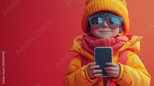 A cheerful 3D rendered child, bundled in a vibrant yellow puffer jacket and beanie, holds a smartphone with a joyful expression against a bold red backdrop. photo