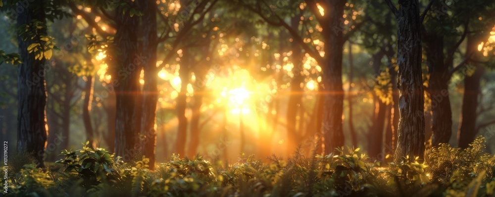 Obraz premium Forest sunset with golden light filtering through the trees, 4K hyperrealistic photo,
