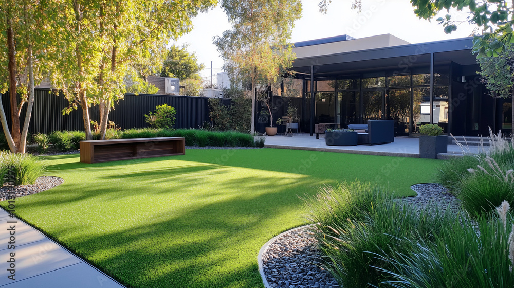 Obraz premium Pięknie ułożona sztuczna trawa, która emanuje intensywną zielenią. Włókna trawy są gęste i miękkie w dotyku, co sprawia, że wygląda naturalnie i zachęcająco.