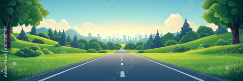 Road straight through both sides of the road are Green meadow blue sky, hills, and mountains,A cute flat cartoon,landscape vector illustration,background. 