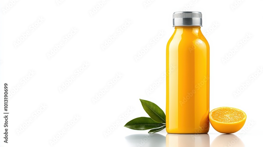 Fresh Orange Juice in a Bright Bottle with Slice Fresh Orange Juice in a Bright Bottle with Slice