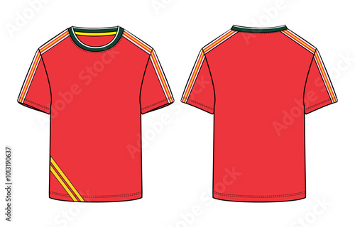 Short sleeve T shirt Technical Fashion flat sketch vector illustration  Red color template front and back views. Clothing design mock up for men's isolated on white background.