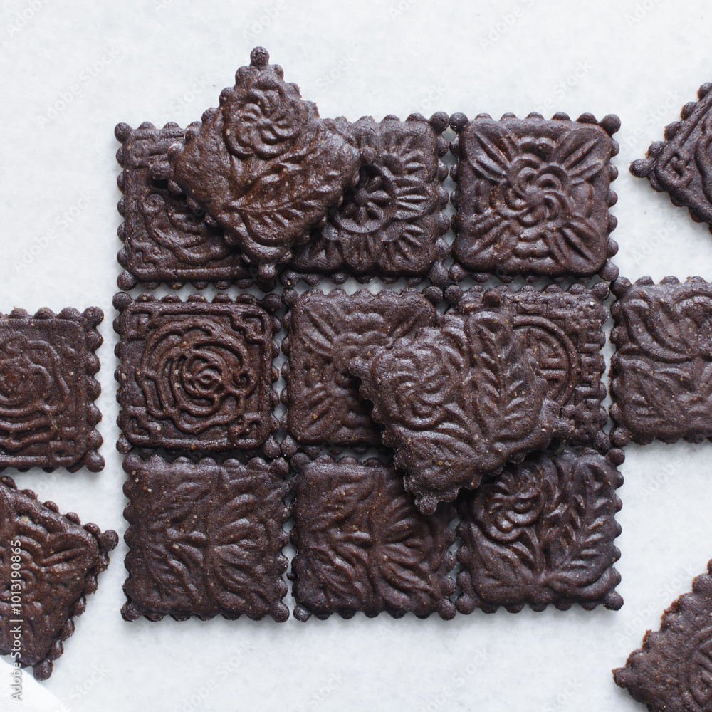 Overhead view of stamped dark molasses cookies on a parchment lined baking tray, top view of embossed gingerbread cookies on a white background Overhead view of stamped dark molasses cookies on a parchment lined baking tray, top view of embossed gingerbread cookies on a white background